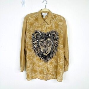 Diane Gilman Silk Animal Lion Print‎ Sequin Artsy Safari Button Up Blouse Large